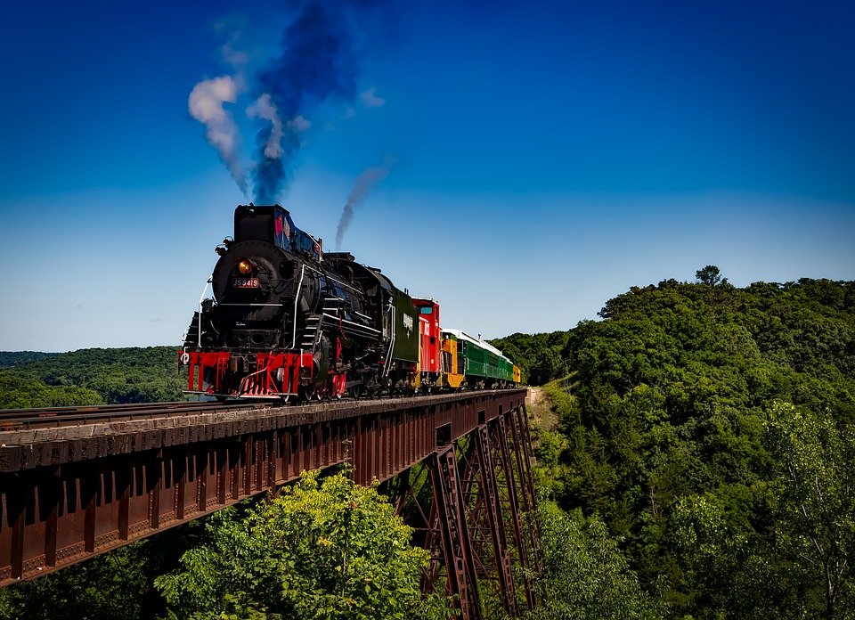 A retro steam machine, vintage train travelling the railroad bridge