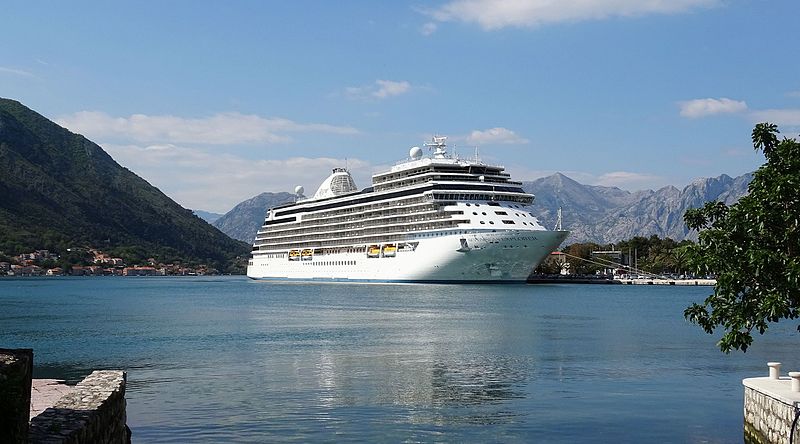Seven Seas Explorer luxury cruise ship visiting Kotor Bay, Montenegro