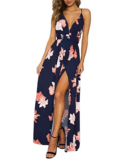 BerryGo Womens Sexy Deep V Neck Backless Floral Print Split Maxi Dress