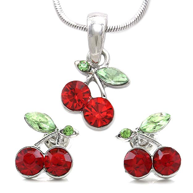 SoulBreeze Green Leaf Red Fruit Cherry Stud Post Earrings Charm Set