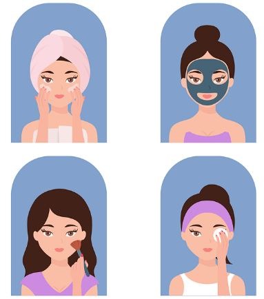 a woman doing different steps of her skincare routine